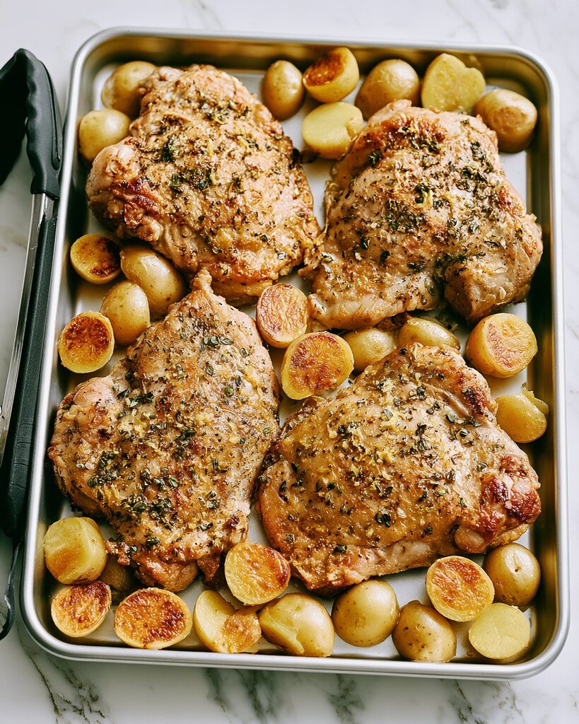 Roasted chicken thighs and golden potatoes on a baking sheet