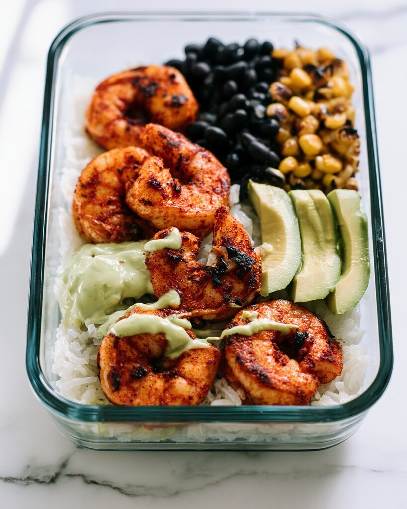Plated blackened shrimp bowl served in a glass dish over rice with avocado crema