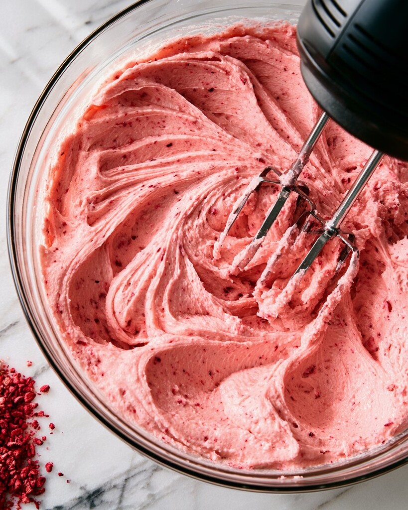 Thick, vibrant pink strawberry cream cheese frosting whipped in a glass mixing bowl