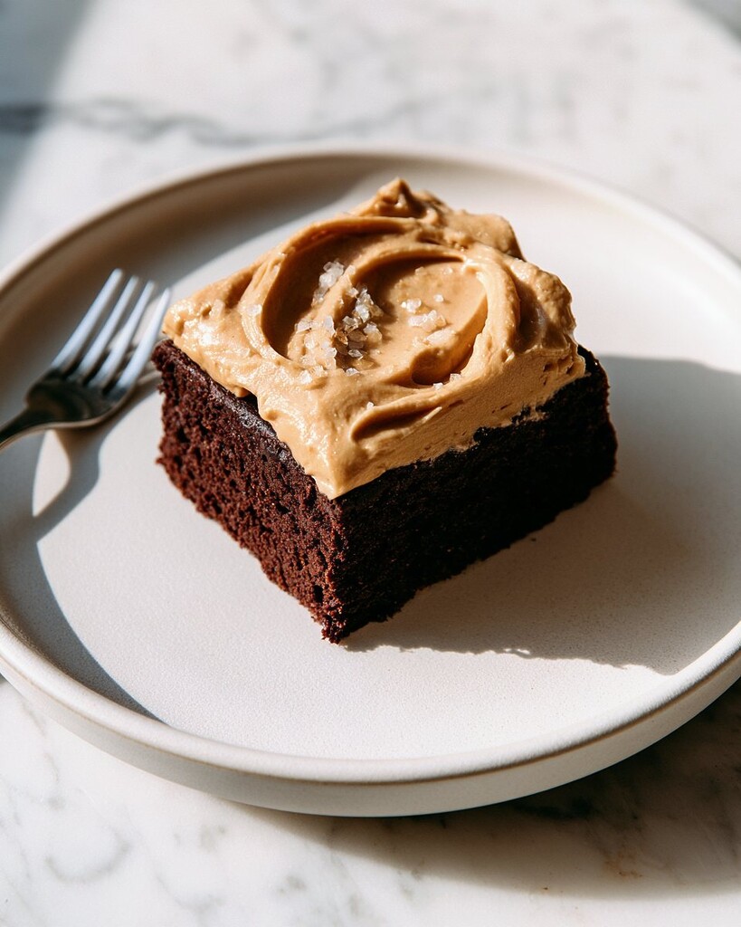 Frosted cake slice with sea salt flakes resting on a ceramic plate