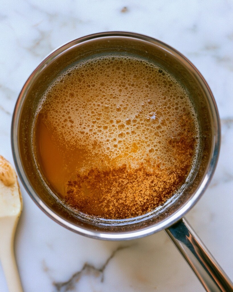 Melted butter foaming in a metal saucepan with dark brown toasted milk solids visible at the bottom