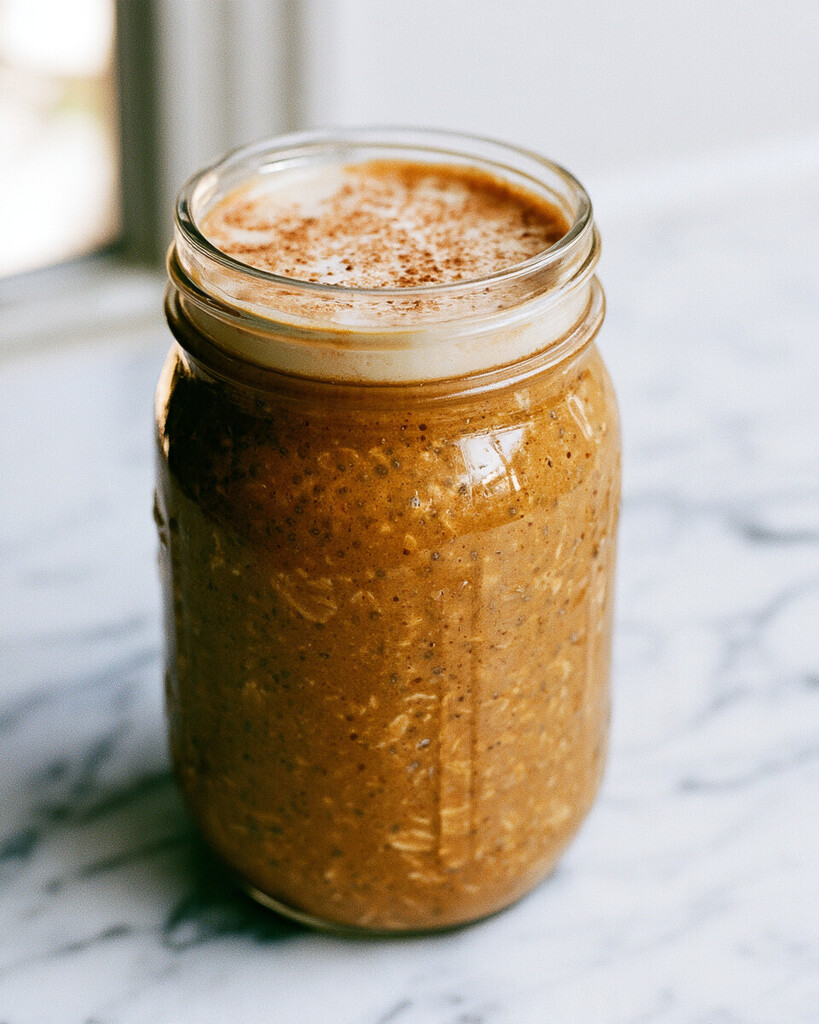 A sealed glass jar showing a thick bottom layer of spiced oats topped with white foam and a dusting of cinnamon