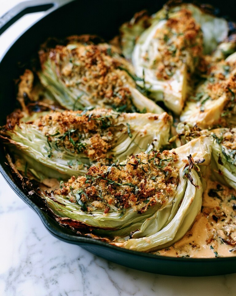 Marry Me Cabbage with Parmesan Panko Crunch Tender Marry Me Cabbage wedges resting in a creamy sun-dried tomato sauce topped with toasted panko