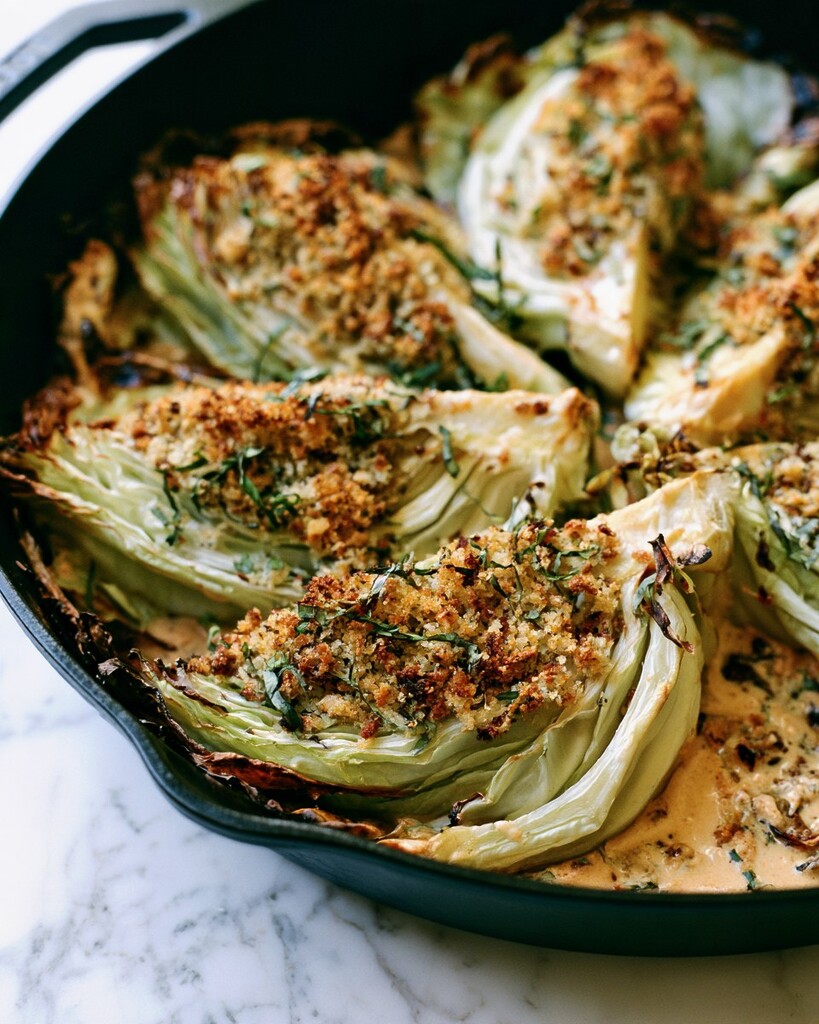 Tender Marry Me Cabbage wedges resting in a creamy sun-dried tomato sauce topped with toasted panko