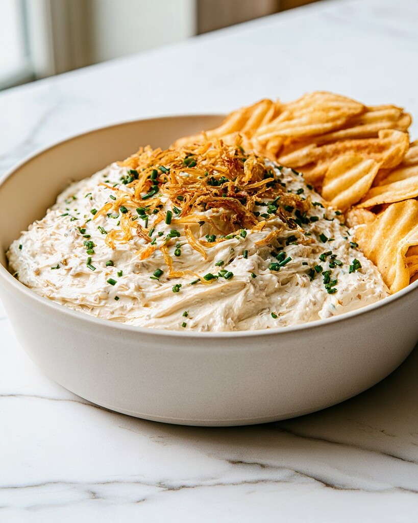 French onion dip in a ceramic bowl sitting next to wavy potato chips