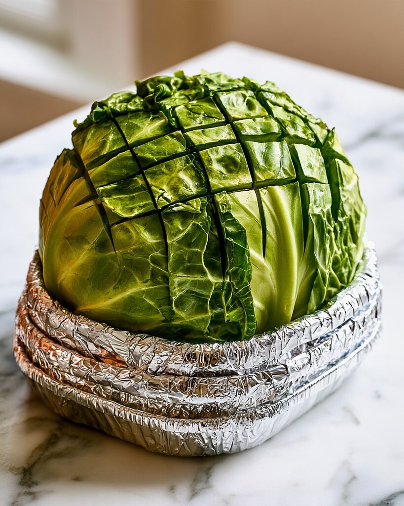 A raw green cabbage head cut with a deep crosshatch pattern sitting in an aluminum foil base