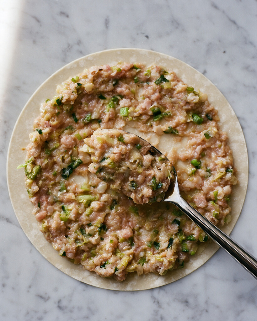 Raw pork filling spread in an even, thin layer across a round gyoza wrapper