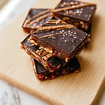 No-Bake Salted Peanut Butter Swirl Date Bark Stacked squares of salted peanut butter swirl date bark on a wooden board showing distinct layers