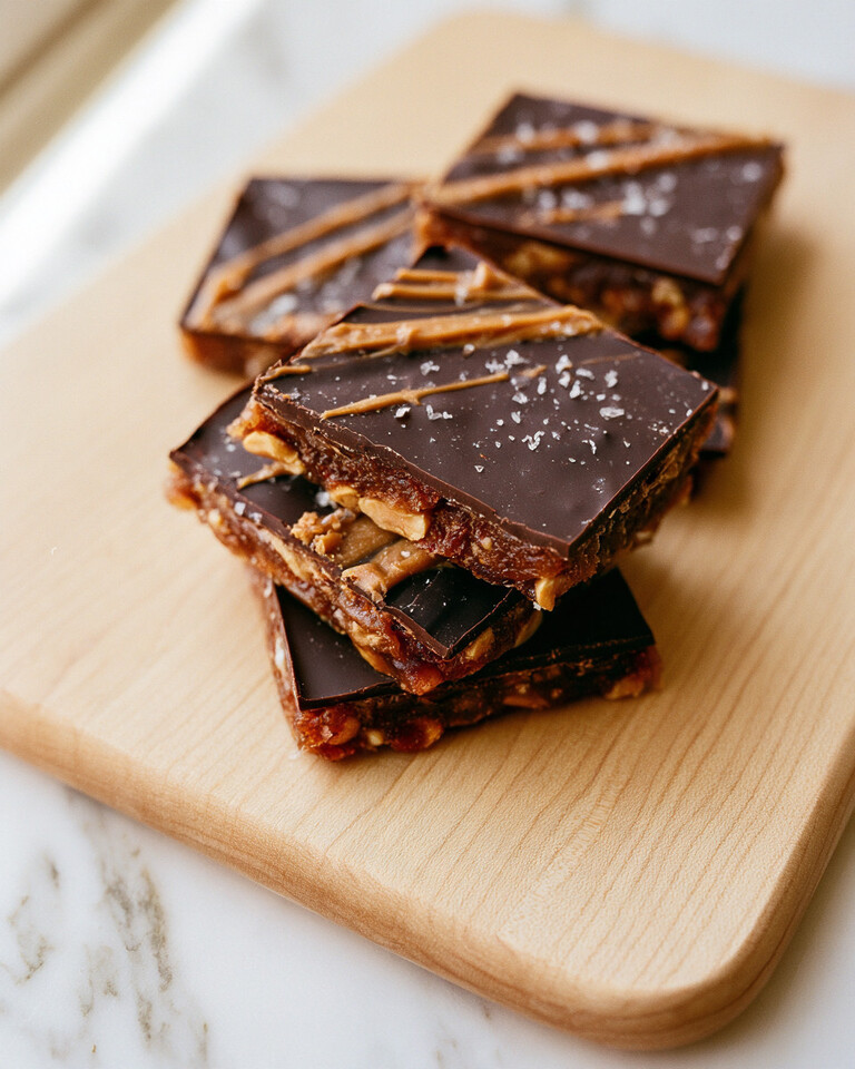 No-Bake Salted Peanut Butter Swirl Date Bark Stacked squares of salted peanut butter swirl date bark on a wooden board showing distinct layers