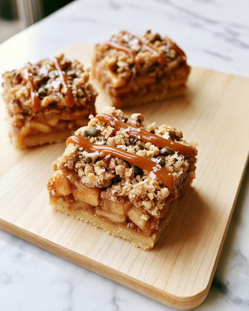Sliced apple pie bars served on a wooden board with extra streusel crumbs and caramel sauce