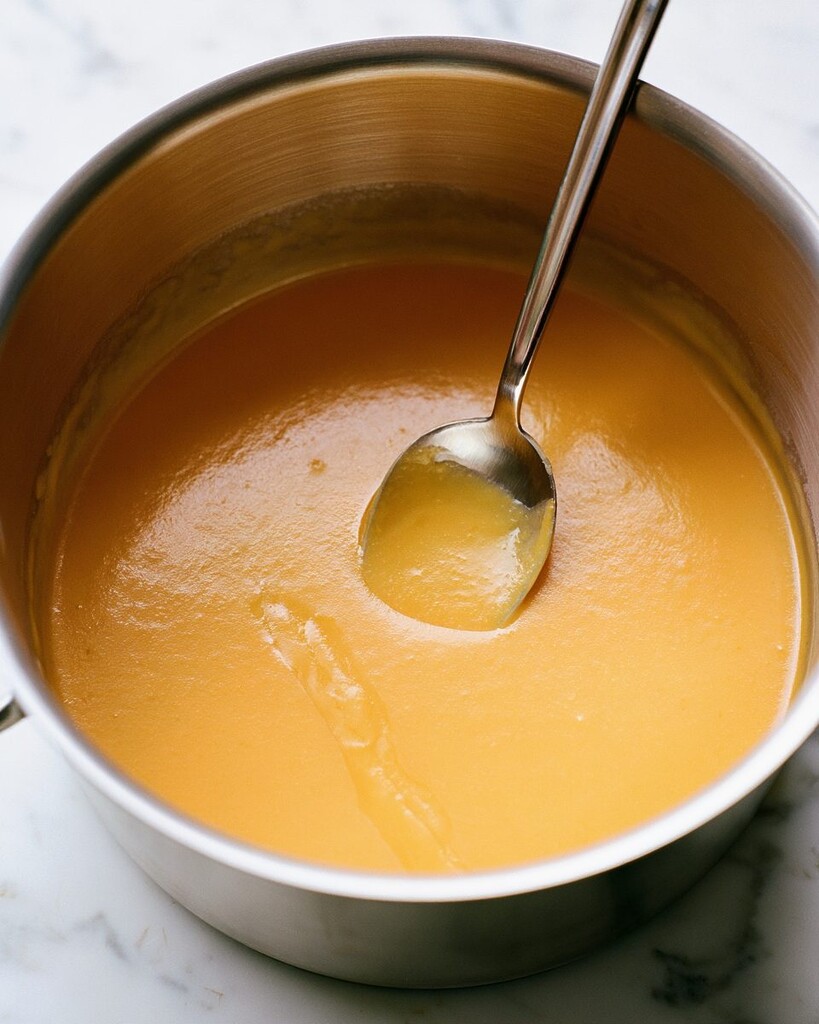 Smooth light orange cheddar cheese sauce coating a spoon in a metal saucepan