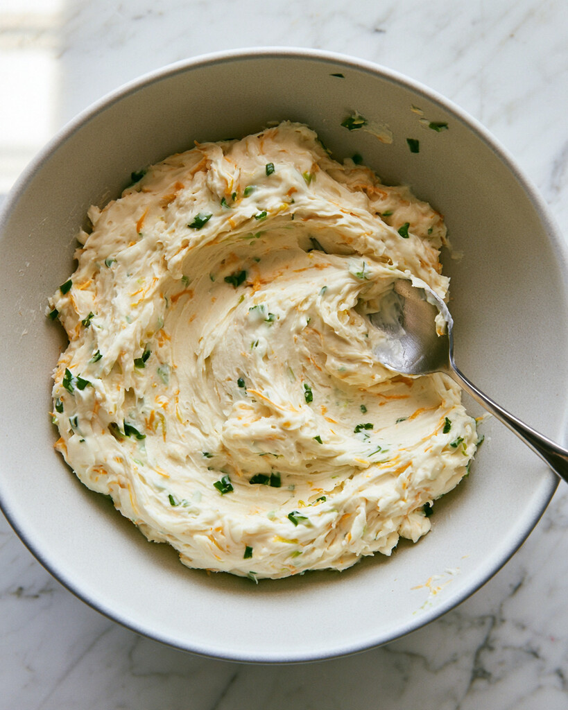Cream cheese and cheddar filling mixed with scallions in a grey bowl