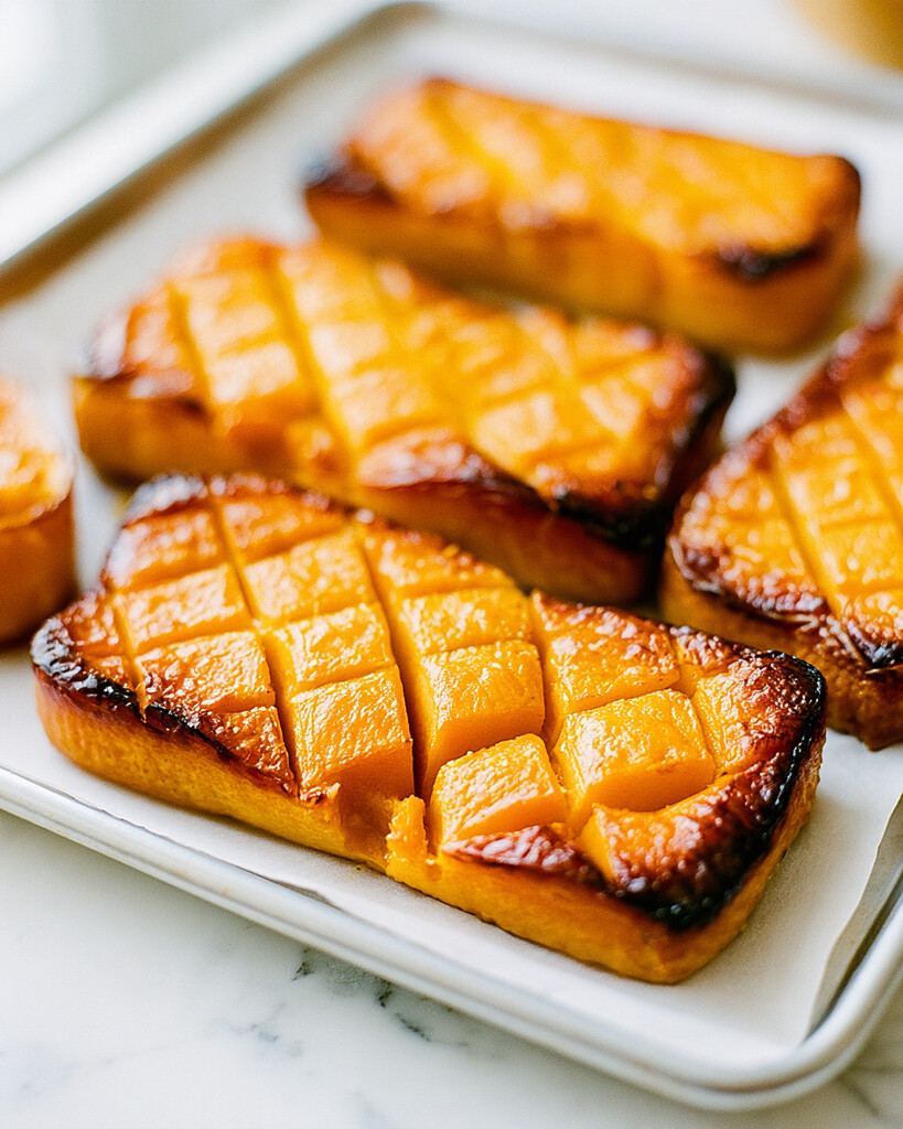Roasted butternut squash steaks on a parchment-lined baking sheet, showing dark roasted edges and a visible grid pattern
