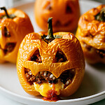 Stuffed orange bell peppers in a glass baking dish with raw filling visible and red marinara sauce coating the bottom