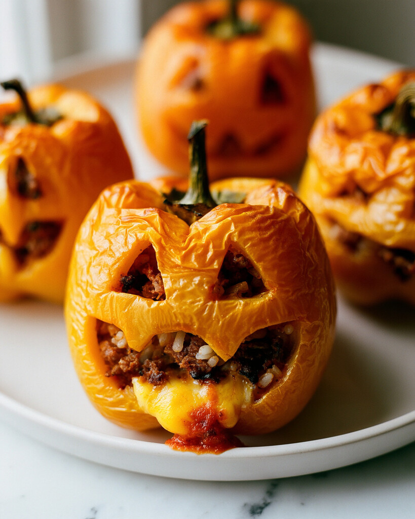 Stuffed orange bell peppers in a glass baking dish with raw filling visible and red marinara sauce coating the bottom