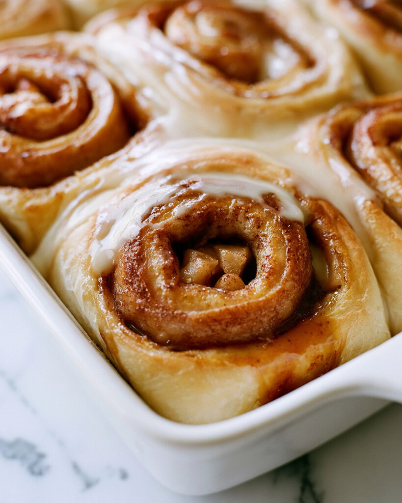 Baked cinnamon rolls in a white dish showing soft centers