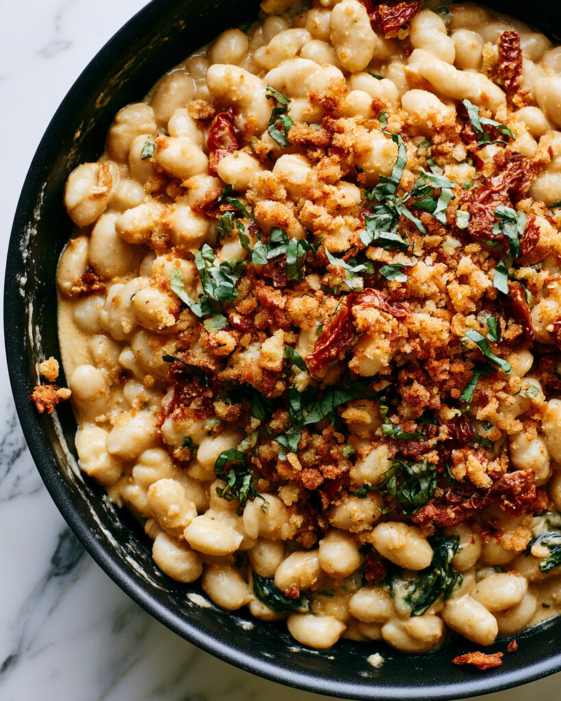 Golden panko crumbs and torn basil leaves sprinkled over creamy white beans in a skillet