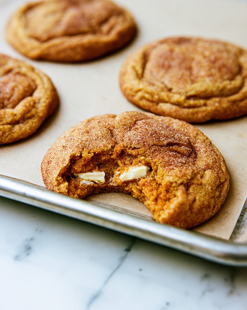 Baked pumpkin snickerdoodles on a tray, one broken open to reveal melted white chocolate