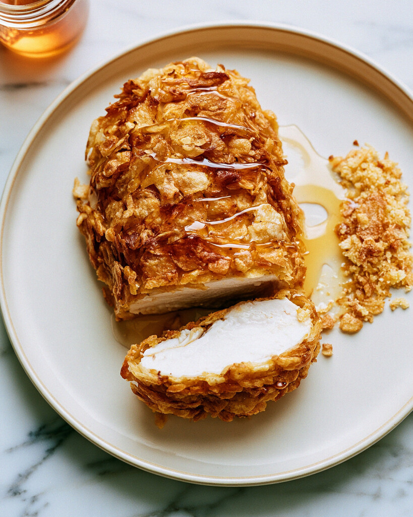 Sliced chicken breast showing juicy white meat and a thick crunchy potato chip coating