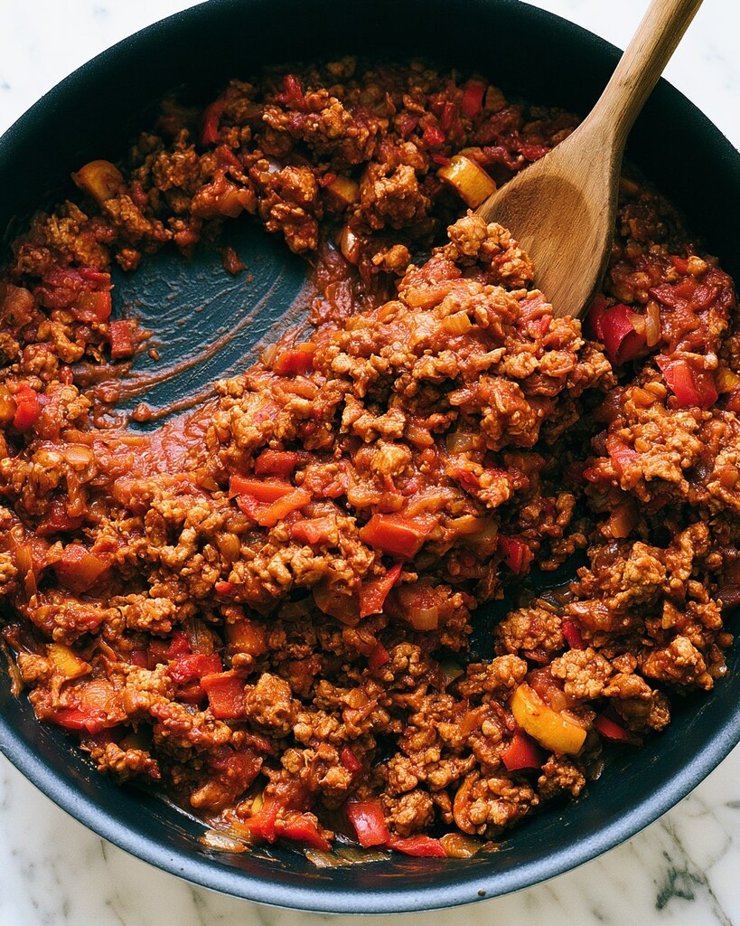 Wooden spoon stirring a simmering turkey and fire-roasted tomato sauce in a black skillet