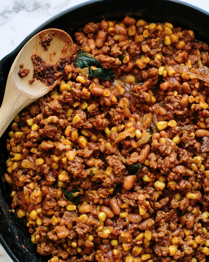 A dark skillet filled with cooked ground beef, pinto beans, and corn coated in a thick, glossy tomato sauce