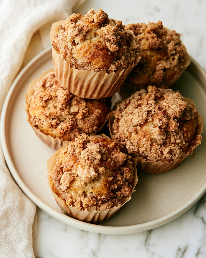 Golden apple cider doughnut muffins with high tops and crunchy streusel served in a ceramic dish