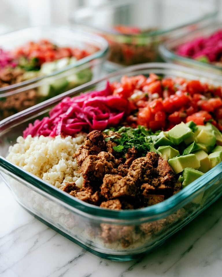 Sheet-Pan Vegan Burrito Bowls with Cauliflower Rice Vegan burrito bowl layered with roasted tofu, cauliflower rice, red cabbage slaw, salsa, and avocado in a glass container
