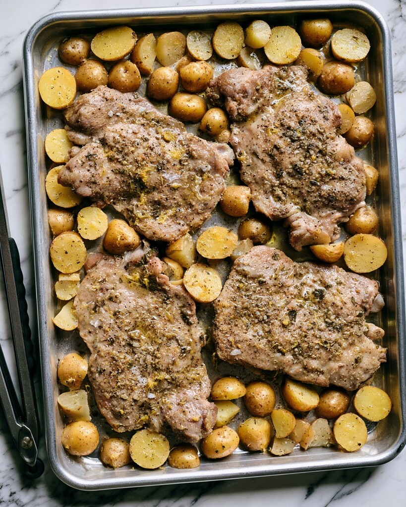Raw seasoned chicken thighs and halved potatoes spread evenly on a metal baking sheet