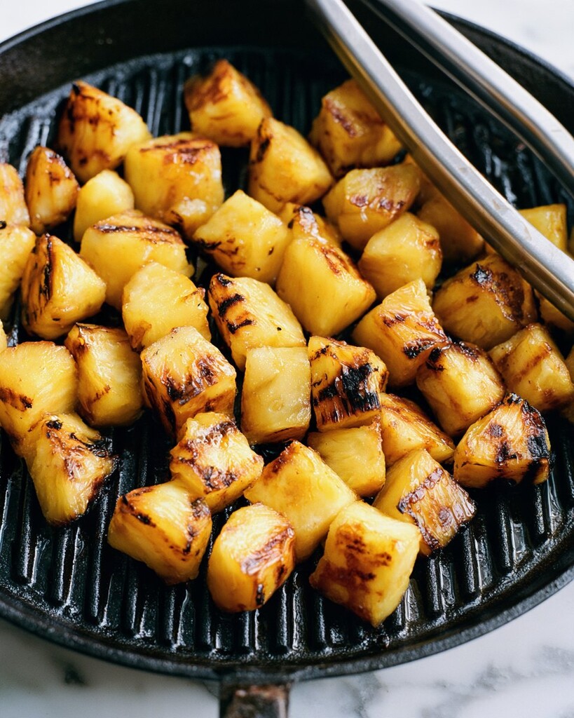 Pineapple chunks blistering in a grill pan with golden edges