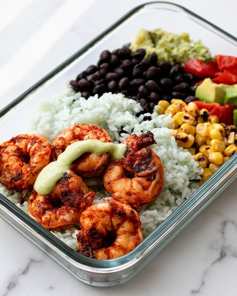 Assembling the meal prep bowls in a glass container with rice, beans, corn, and crema