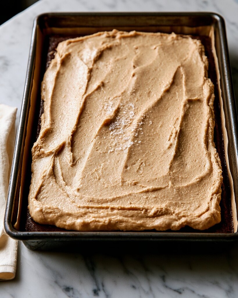 Spreading thick brown butter frosting with decorative swirls over a chocolate sheet cake