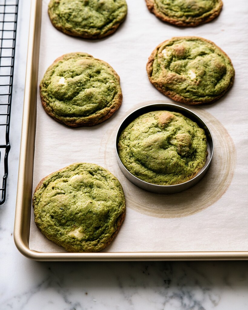 Freshly baked green matcha cookies on a baking sheet with a round biscuit cutter placed over one to shape it