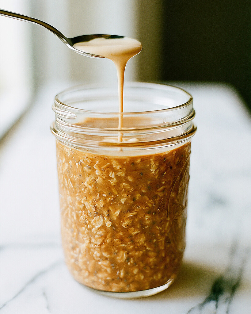 Creamy white yogurt foam pouring off a spoon to coat the top of set overnight oats inside a jar