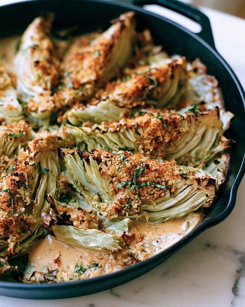 Seared cabbage wedges arranged in a cast-iron skillet over cream sauce with crispy panko crumbs