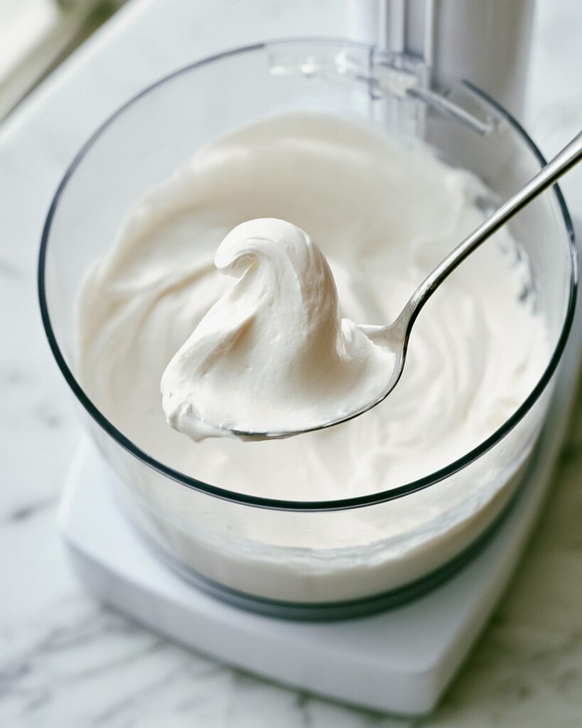 Whipped white cottage cheese base inside a food processor bowl
