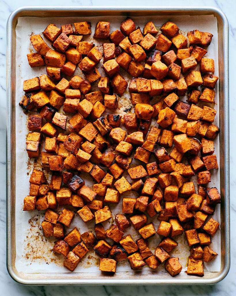 Diced sweet potatoes coated in spices roasting on a parchment-lined baking sheet