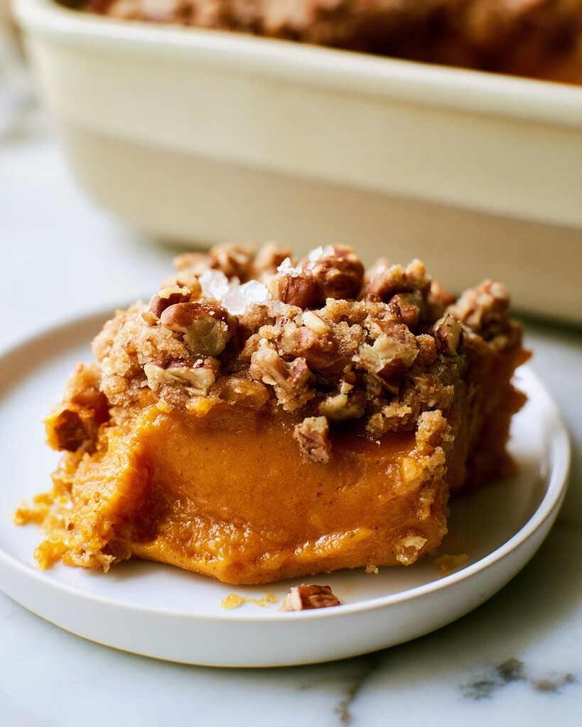 Plated portion of pumpkin dump cake with golden crust and chopped pecans