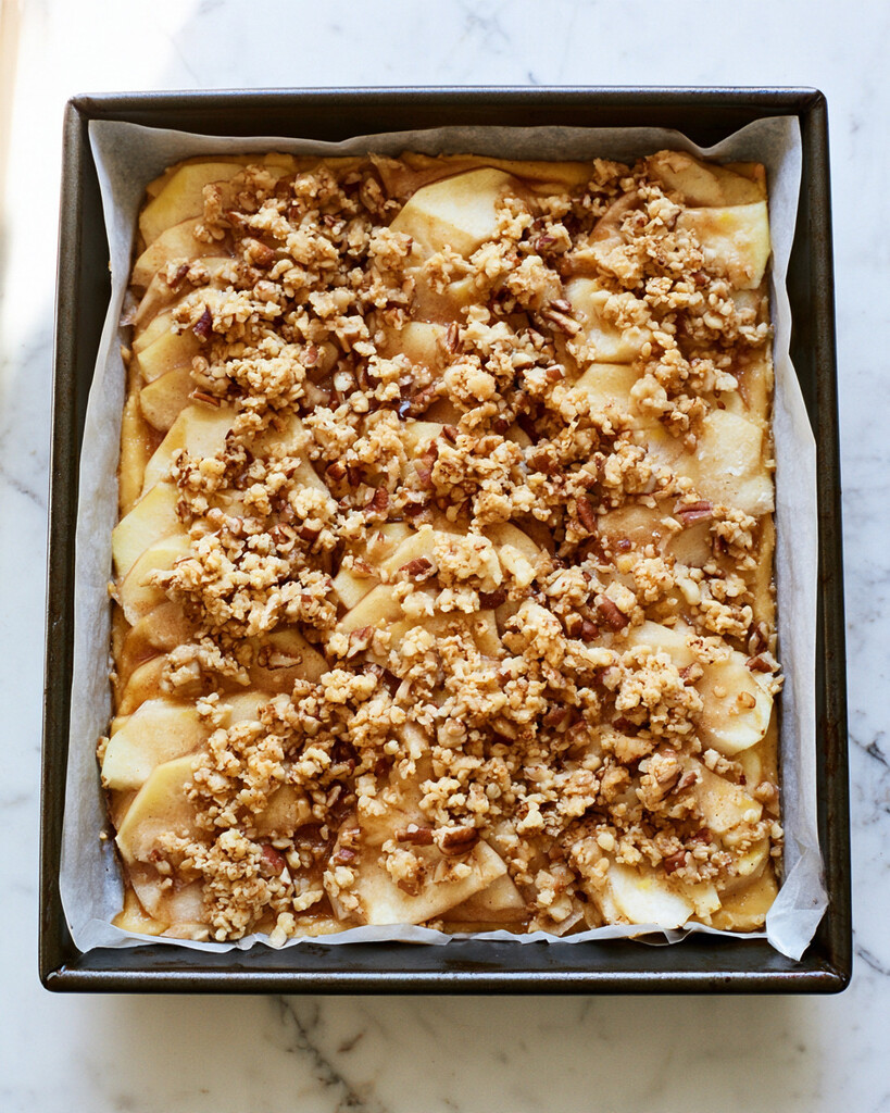 Sliced apples arranged in a parchment-lined square baking pan and covered with raw streusel