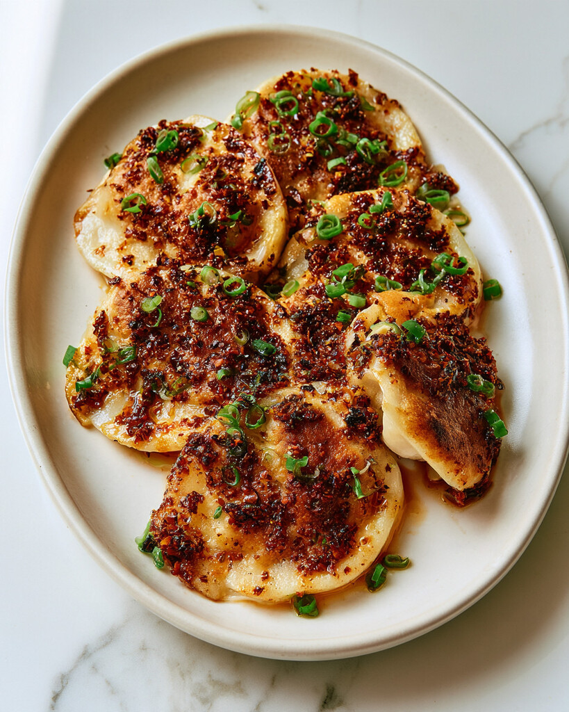 Close up of pan-fried open-faced gyoza with golden crisp edges, topped with bright red chili crisp