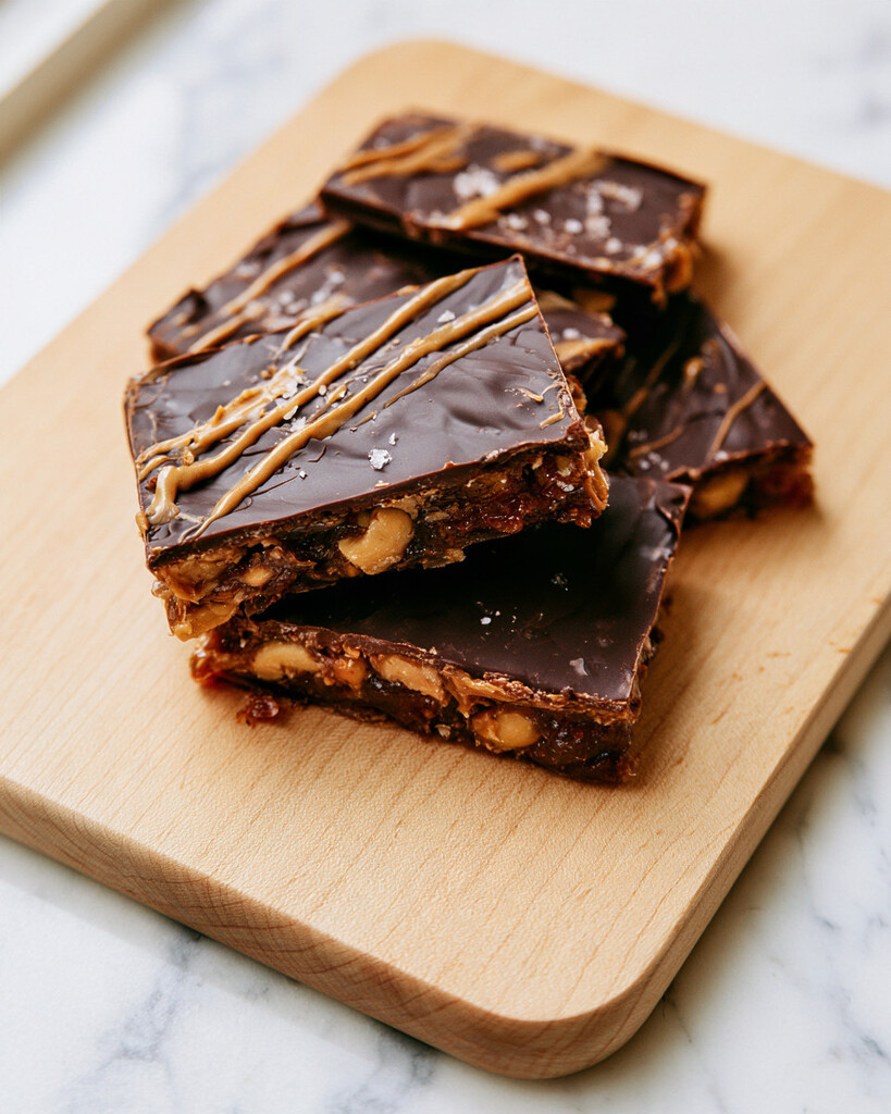 Halved pieces of date bark revealing thick layers of sticky dates, peanuts, and dark chocolate