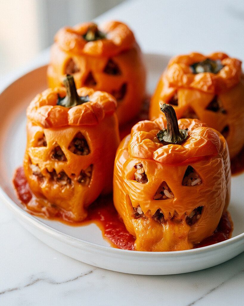 Close up of a baked stuffed bell pepper showing wrinkled orange skin and melted cheese oozing from the carved face