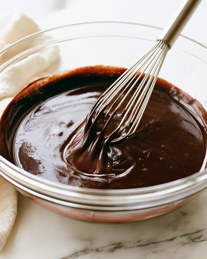 Wire whisk mixing thick dark chocolate espresso cake batter in a glass bowl
