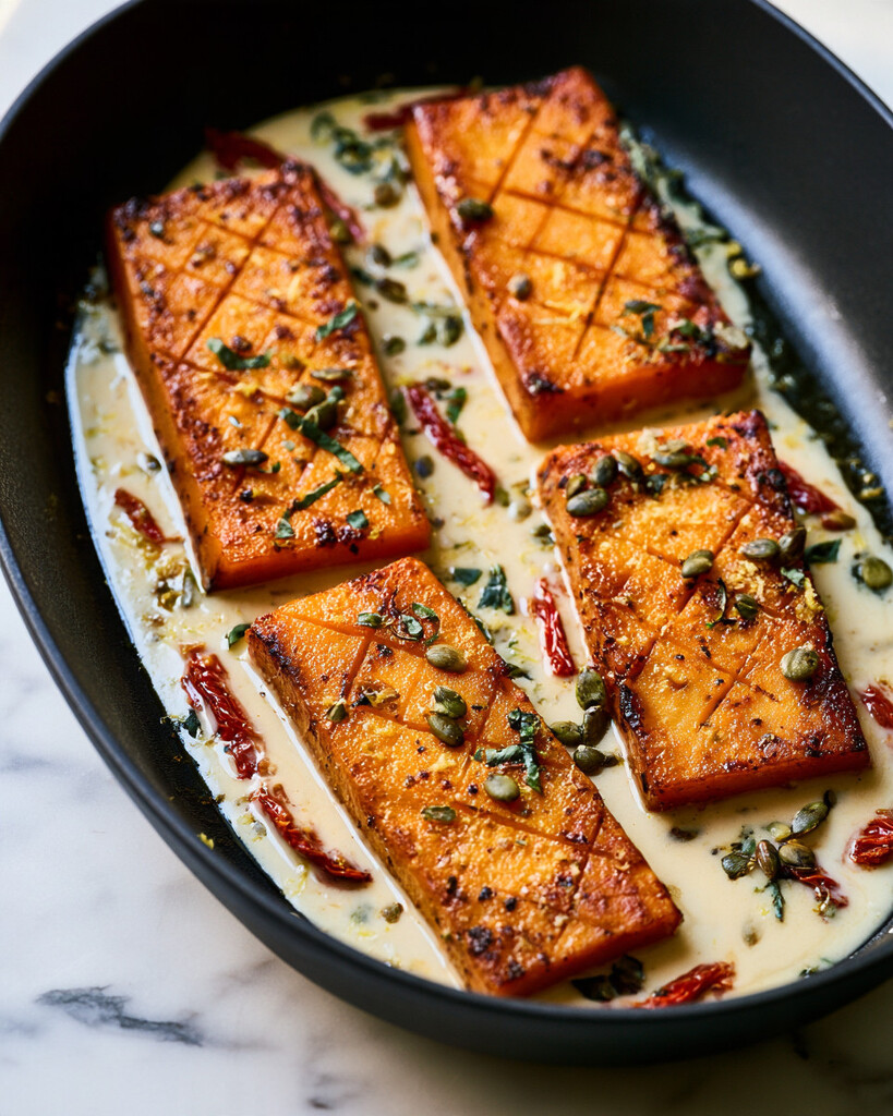 Roasted butternut squash steaks placed into creamy sun-dried tomato sauce in a black skillet, scattered with pumpkin seeds and fresh herbs