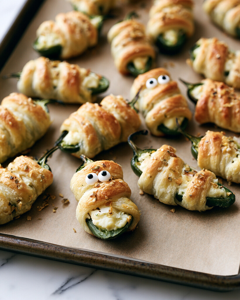 Baked mummy jalapeño poppers on a lined tray with candy eyes attached