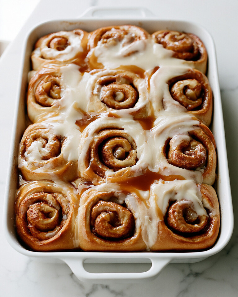 Apple Cinnamon Rolls with a Heavy Cream Soak Golden baked apple cinnamon rolls packed in a white dish, topped with icing and caramel lines