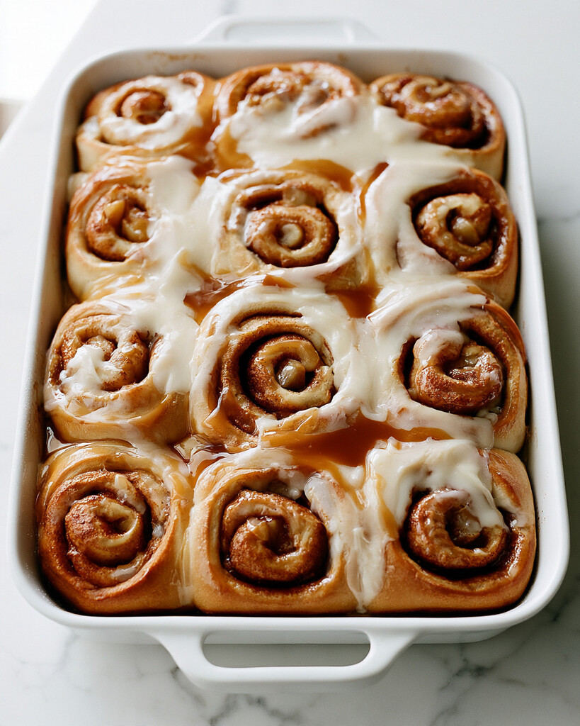 Golden baked apple cinnamon rolls packed in a white dish, topped with icing and caramel lines