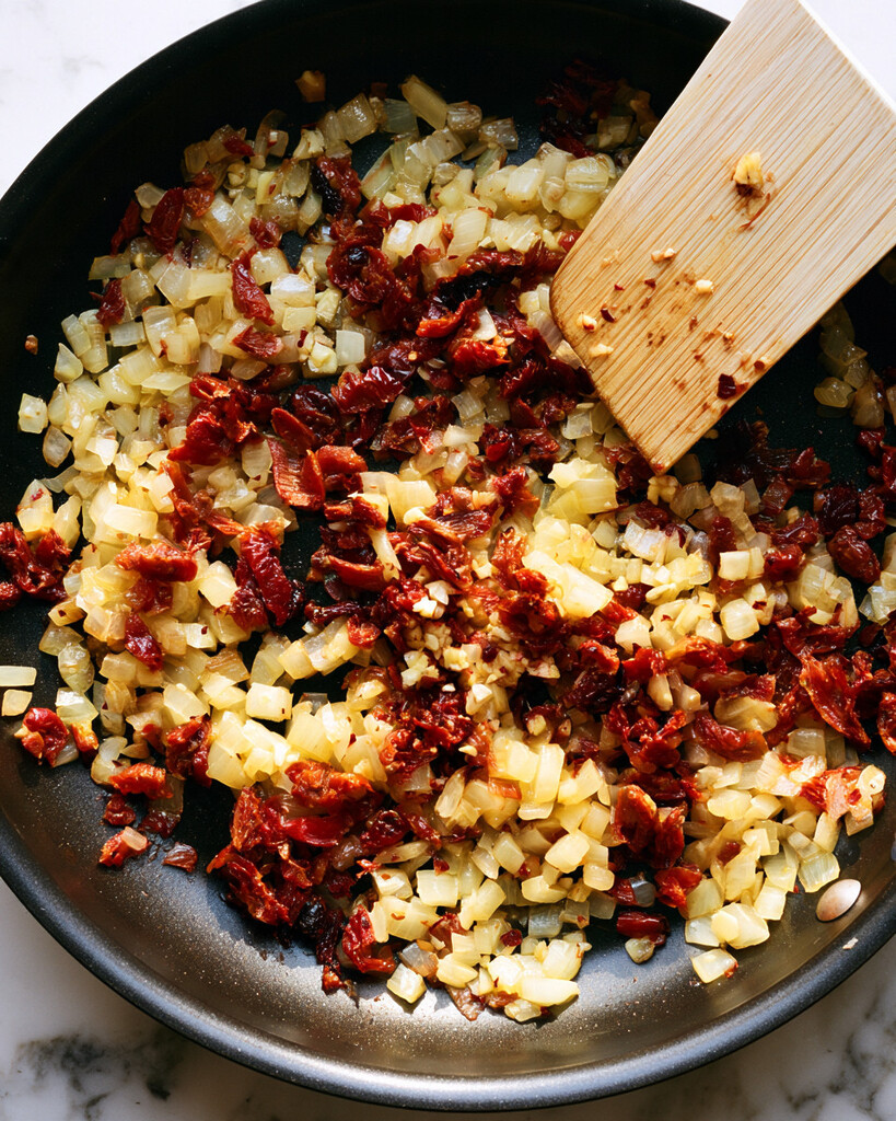 Diced yellow onions and chopped sun-dried tomatoes sautéing in a black skillet