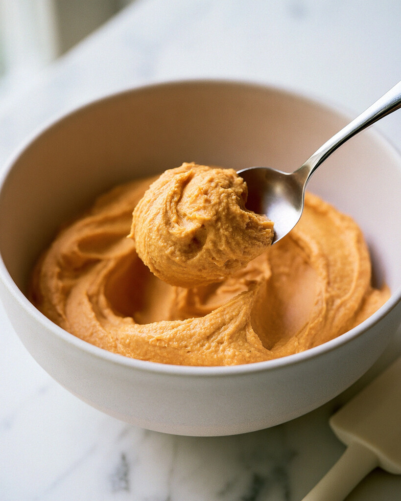 Thick orange pumpkin cream filling resting on a metal spoon above a mixing bowl