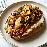 A fully loaded baked potato topped with melted cheese, beef, sour cream, and corn chips, ready to be eaten