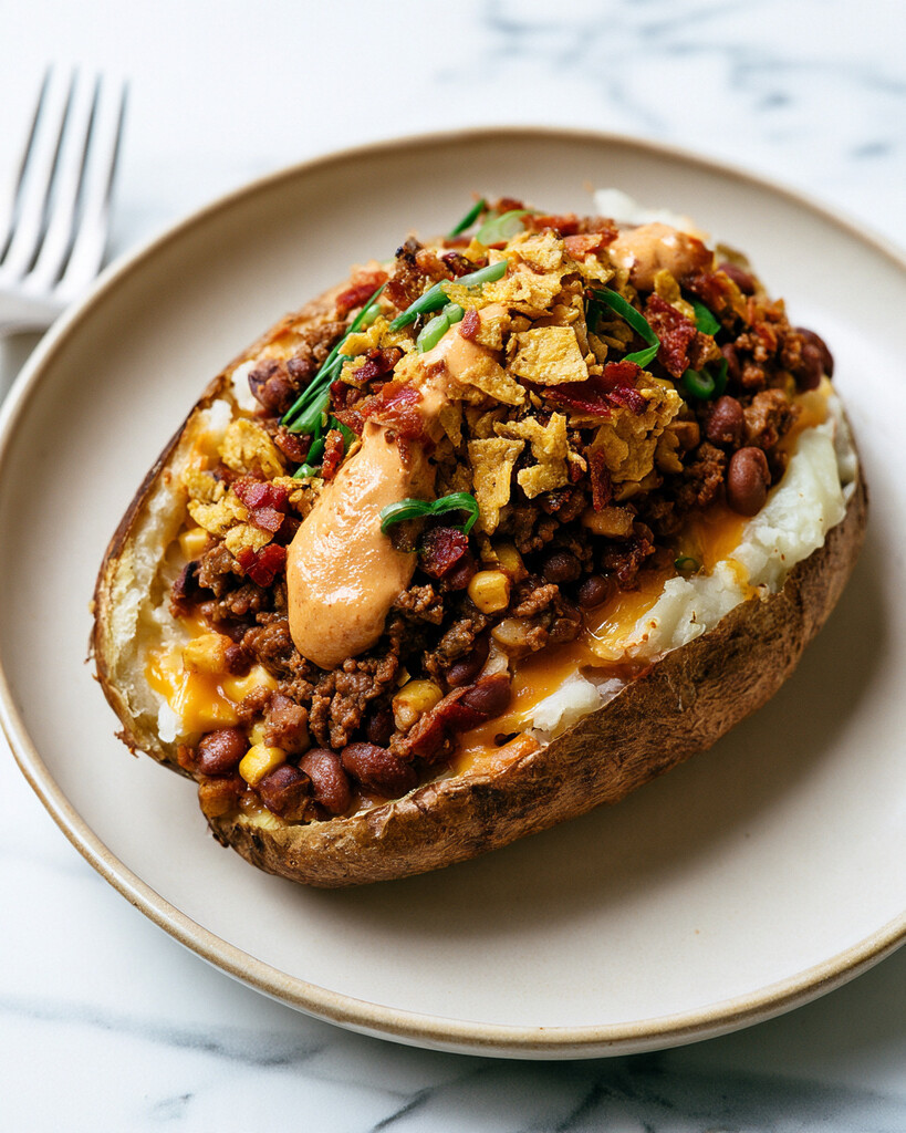 A fully loaded baked potato topped with melted cheese, beef, sour cream, and corn chips, ready to be eaten